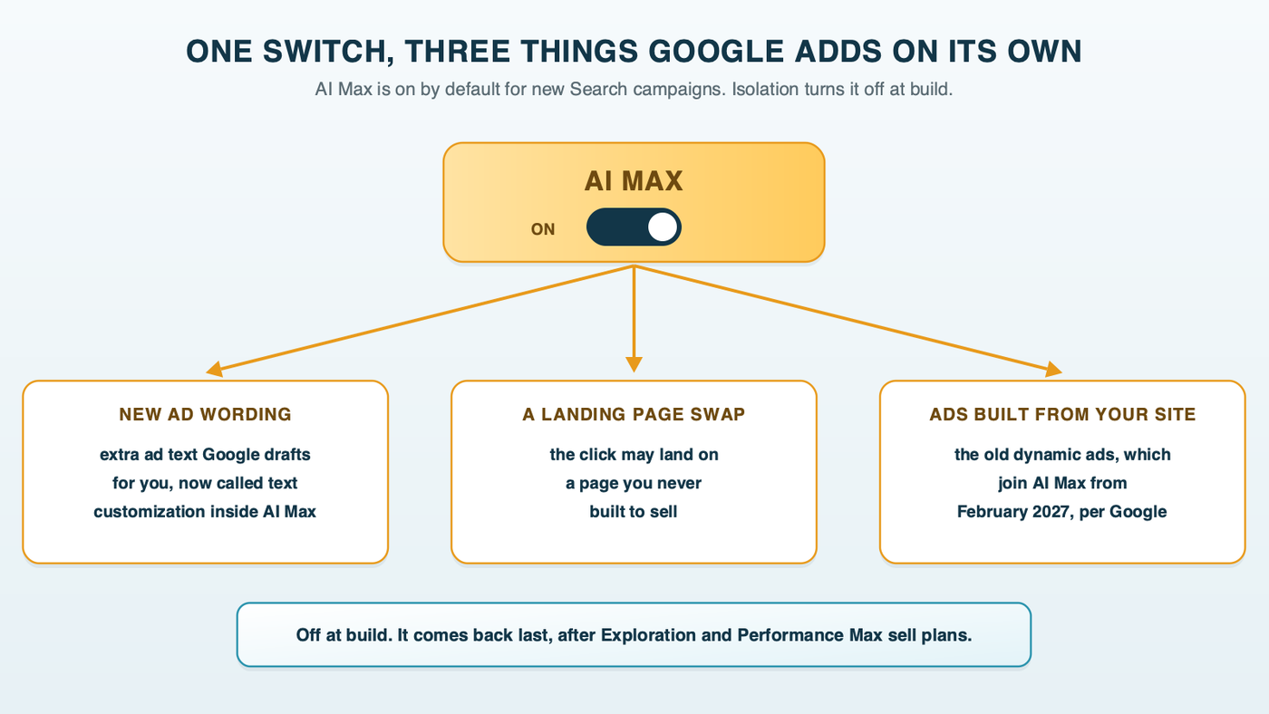 One switch, three things Google adds on its own: the AI Max toggle, on by default for new Search campaigns, controls text customization, final URL expansion and, from February 2027 according to Google, Dynamic Search Ads