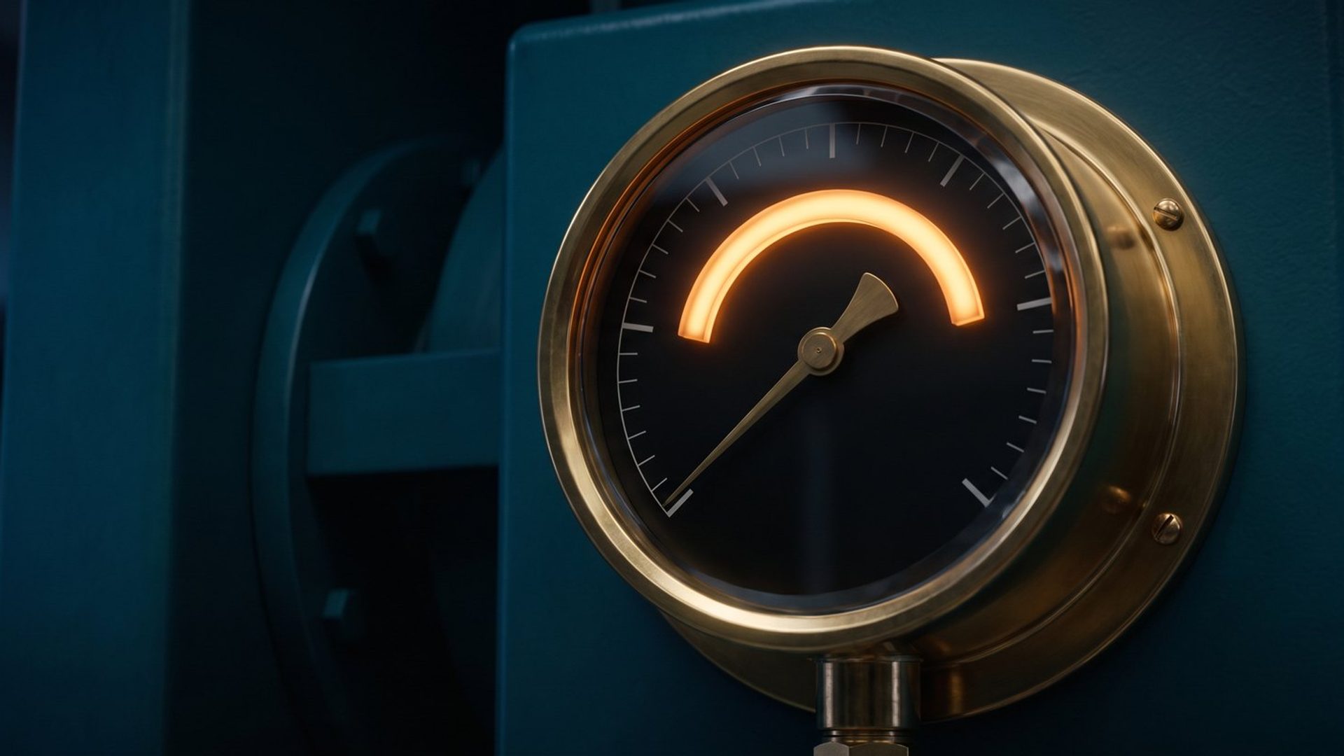 A brass pressure gauge with its needle resting below the lit amber safe arc