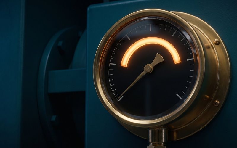 A brass pressure gauge with its needle resting below the lit amber safe arc