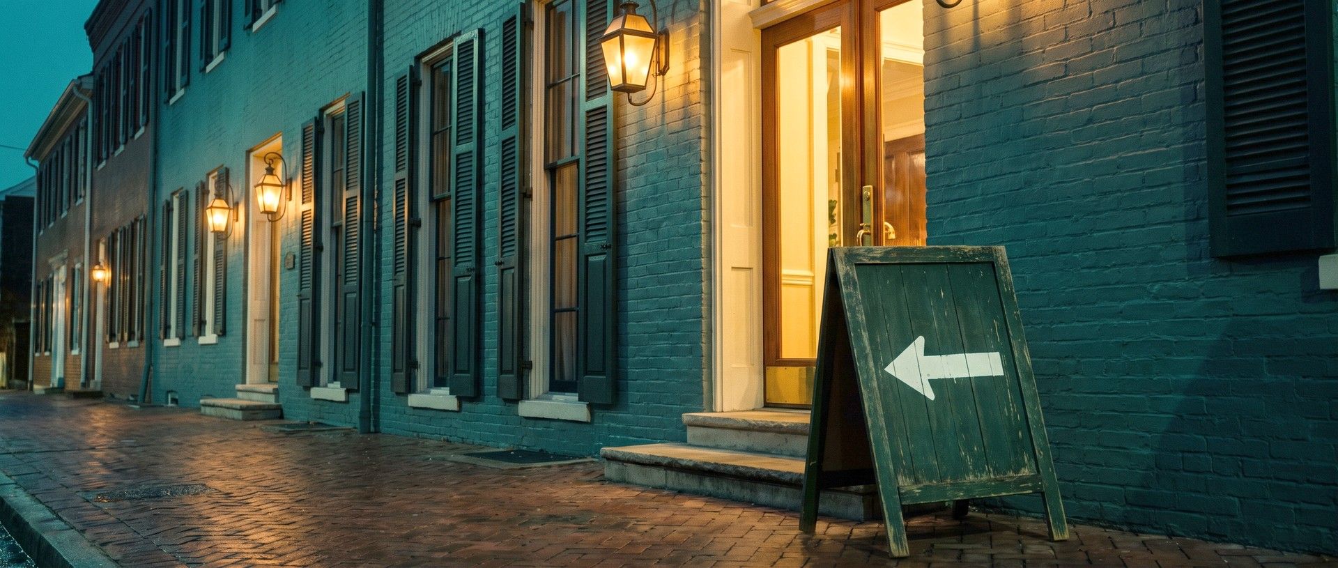 A weathered green sidewalk A-frame sign with a white arrow pointing away down the street, standing on the steps of a boutique hotel's lit open doorway on a wet brick street at night