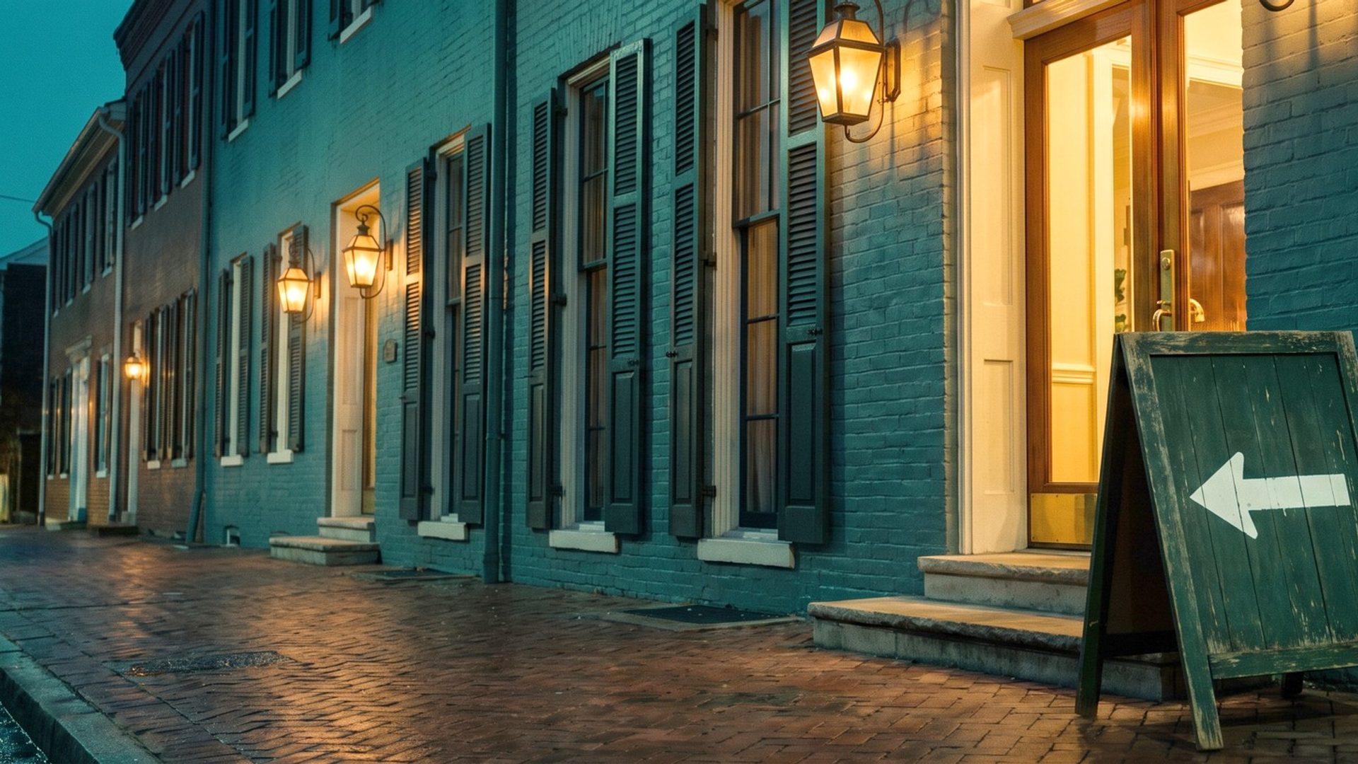 A weathered green sidewalk A-frame sign with a white arrow pointing away down the street, standing on the steps of a boutique hotel's lit open doorway on a wet brick street at night