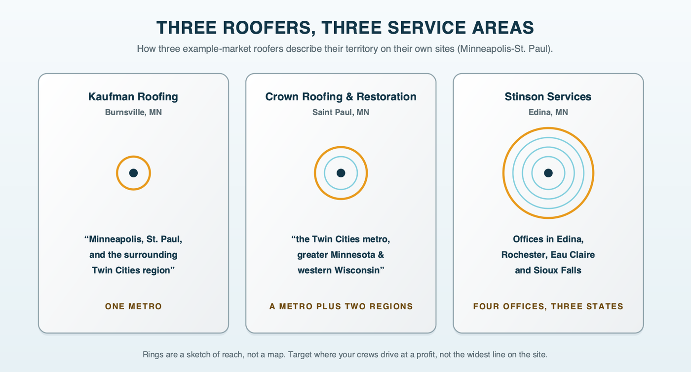 Three service areas from three example-market roofers, side by side: one metro-only, one metro plus greater Minnesota and western Wisconsin, one with offices in four cities across three states, each quoted from the company's own site