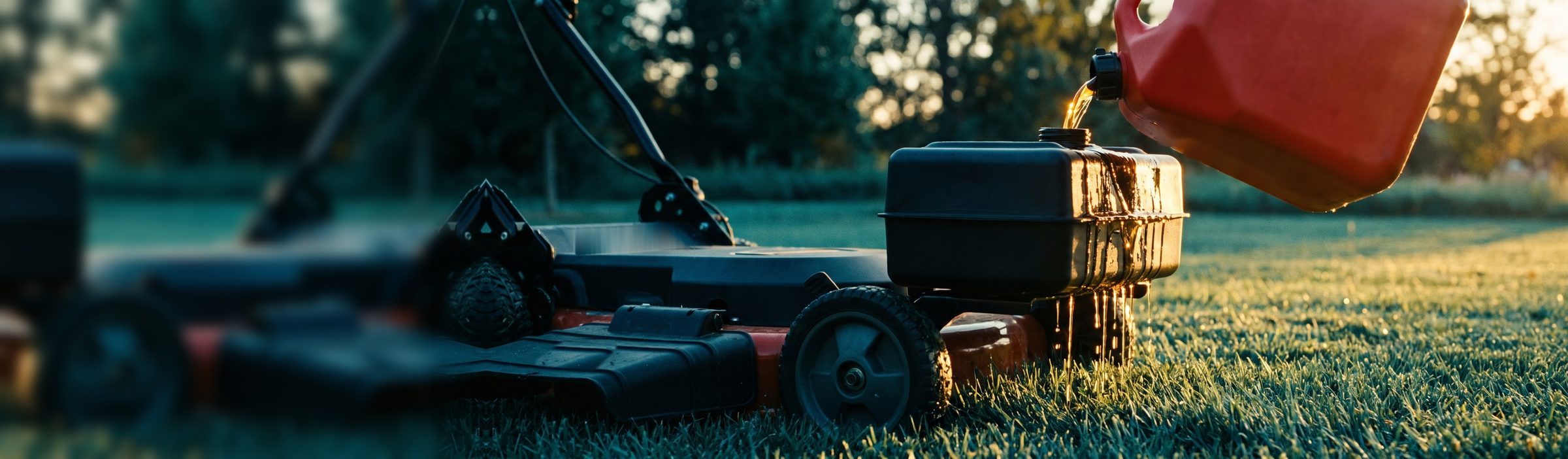 A red fuel can pouring into a lawn mower's black fuel tank at golden hour, the tank already full and overflowing, with fuel running down its sides and dripping into the cut grass