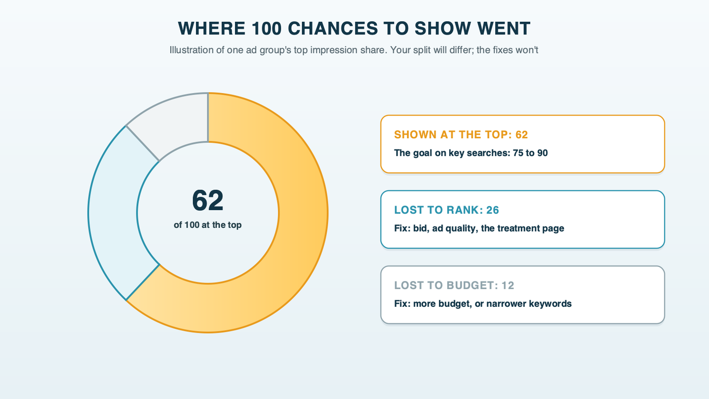 Where 100 eligible impressions went: a donut split into shown at the top, lost to rank and lost to budget, with an illustrative split and the fix for each slice