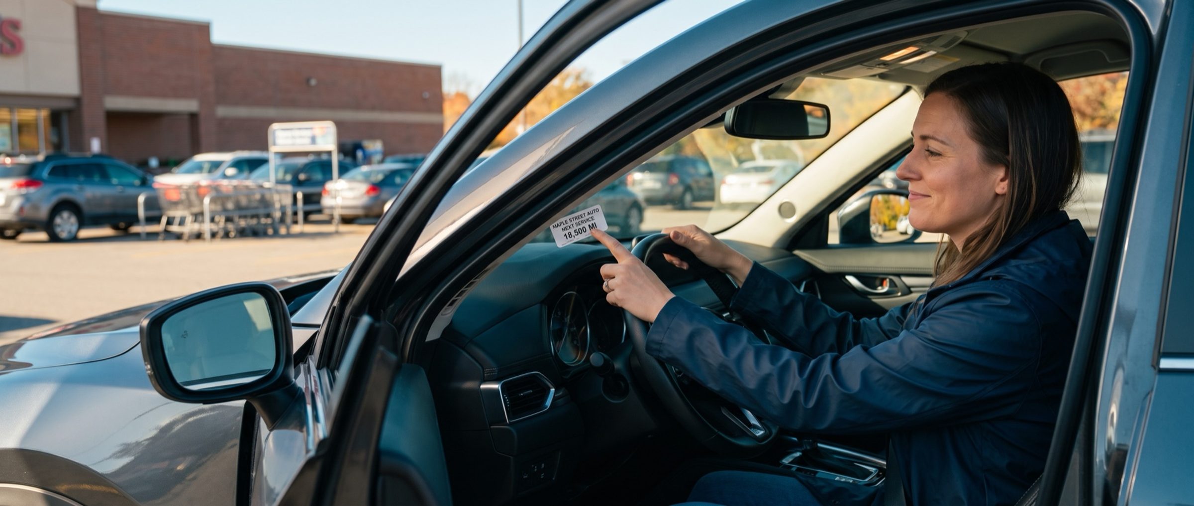 Seen through her open driver's door in a grocery store parking lot, a woman in a navy rain jacket smiles as she presses a fresh oil change sticker reading Maple Street Auto, Next Service 18,500 MI onto the corner of her nearly new crossover's windshield
