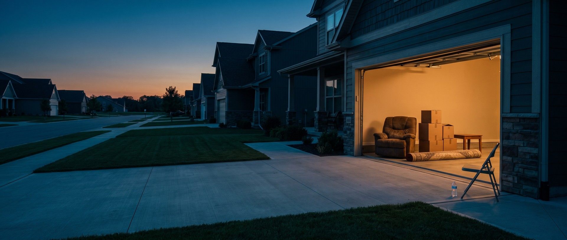 An open garage glowing amber at dusk with a recliner, stacked moving boxes, a rolled rug and a small table inside, an empty folding chair and a water bottle on the driveway, and a quiet suburban street under a sunset sky