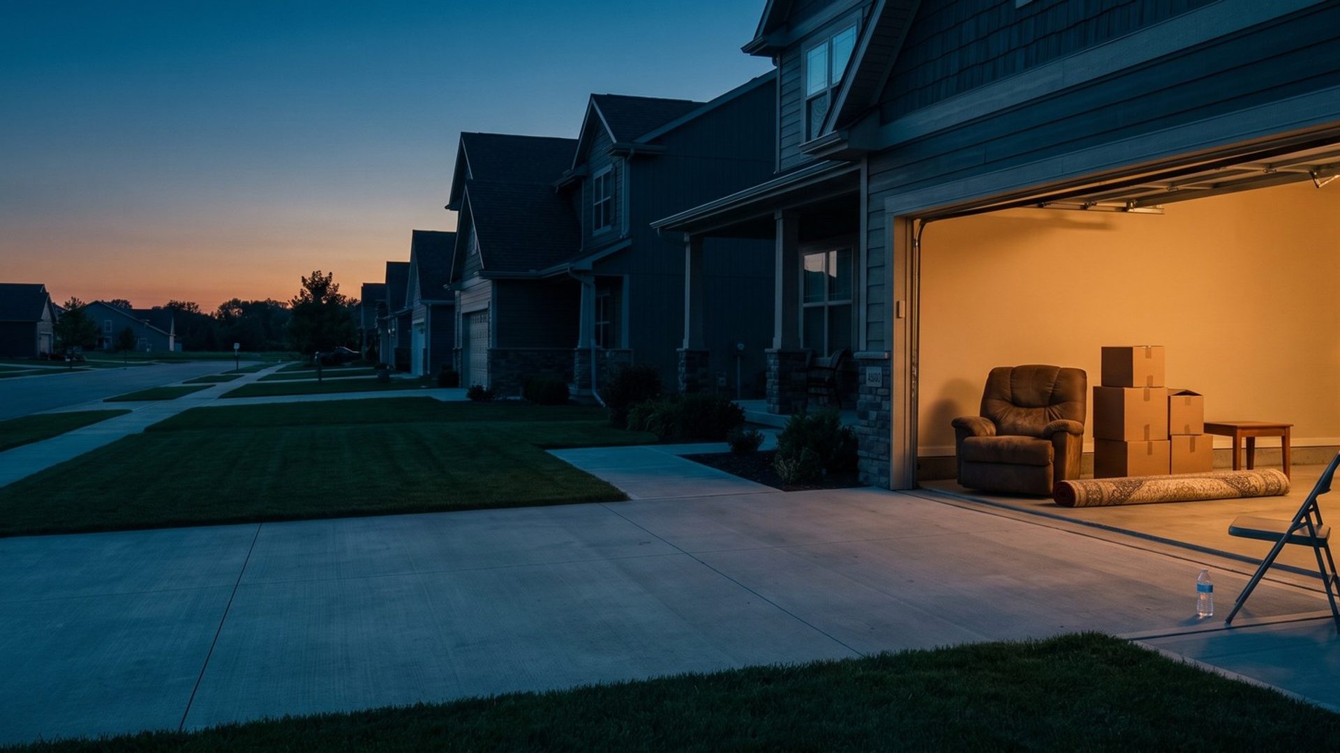An open garage glowing amber at dusk with a recliner, stacked moving boxes, a rolled rug and a small table inside, an empty folding chair and a water bottle on the driveway, and a quiet suburban street under a sunset sky