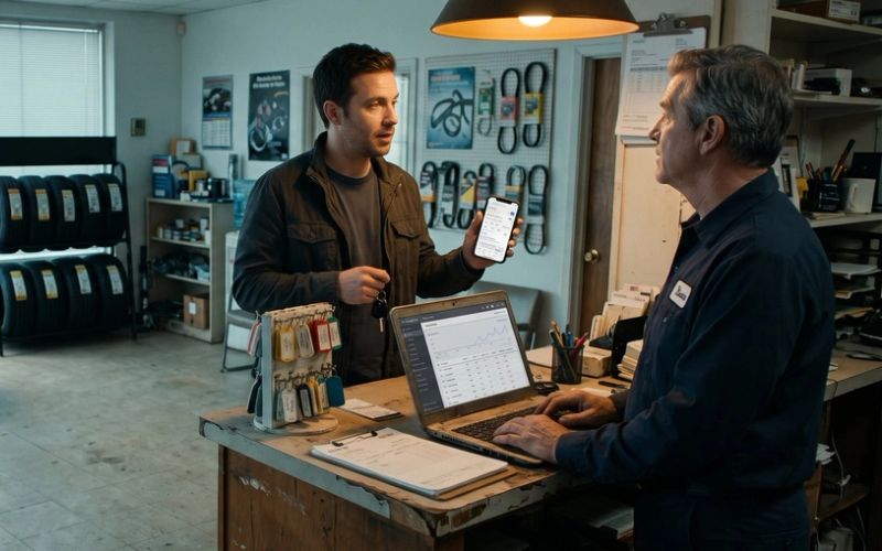 At an auto repair shop counter, a customer holds up the phone search that brought him in while the owner works on a laptop showing Google Ads