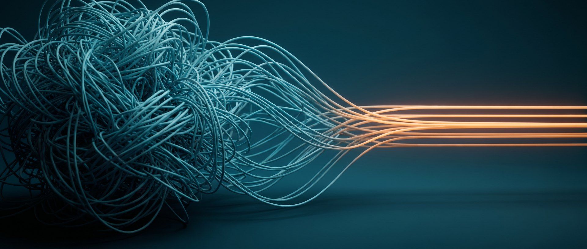 A dense tangle of cool blue threads on the left resolving into a few clean, parallel glowing amber lines on the right.