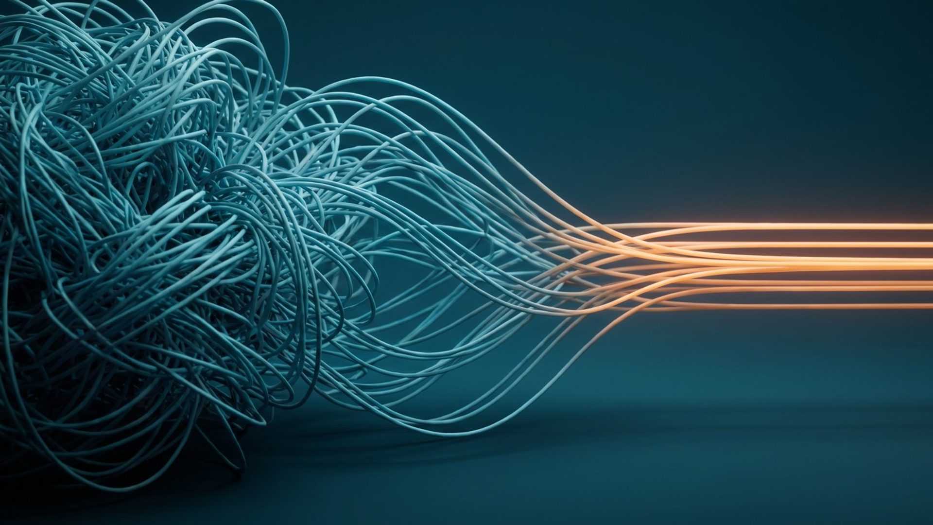 A dense tangle of cool blue threads on the left resolving into a few clean, parallel glowing amber lines on the right.
