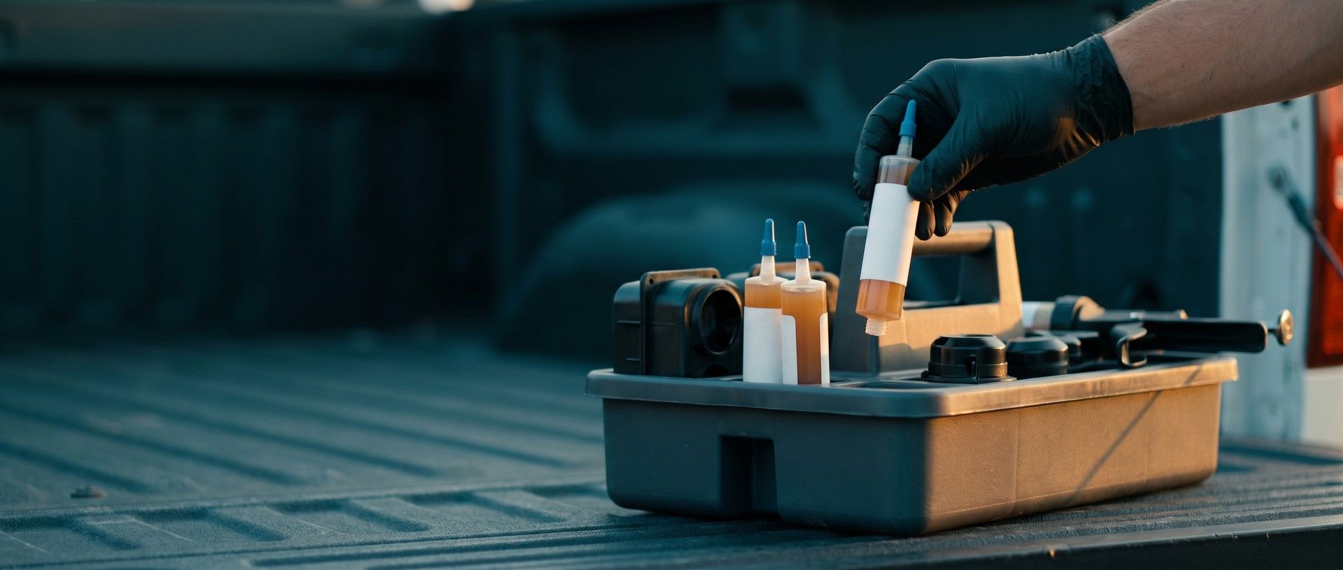 A pest control technician's black-gloved hand lifting a tube of tan gel bait from a service caddy on a truck tailgate in warm evening light