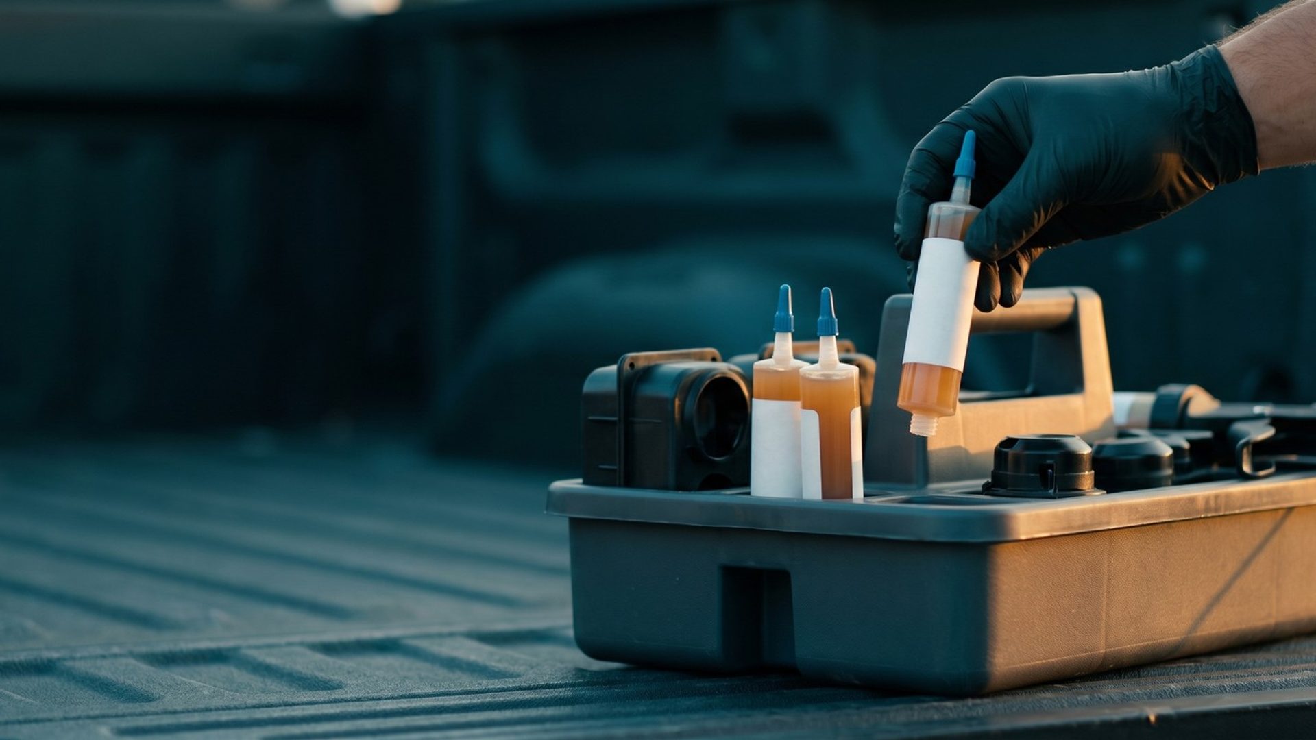 A pest control technician's black-gloved hand lifting a tube of tan gel bait from a service caddy on a truck tailgate in warm evening light