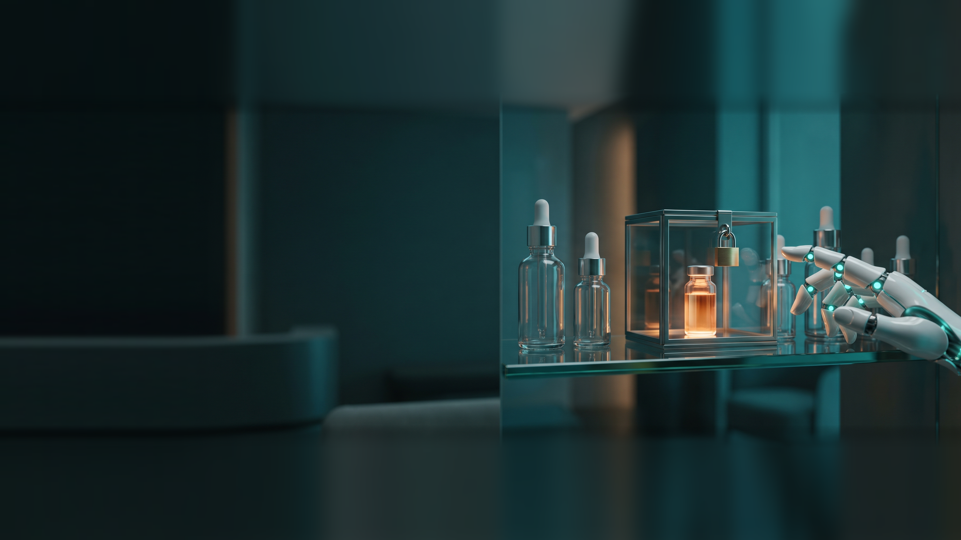 A white robotic hand reaching toward a shelf of skin care serums, stopped short of a locked glass case holding one amber vial