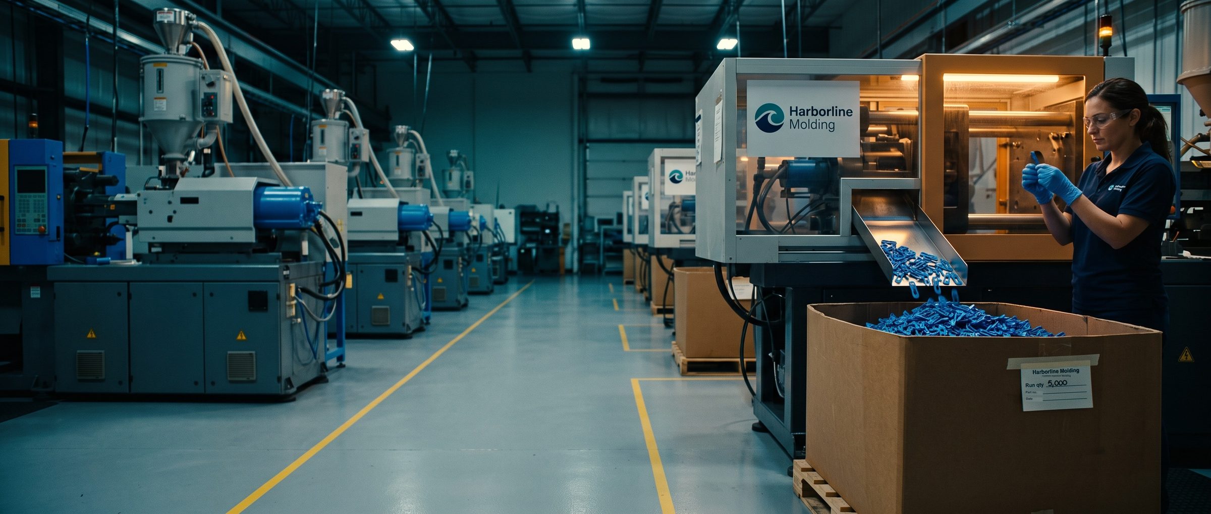 A press operator at Harborline Molding checks one blue plastic clip as a production run pours into a cardboard bin tagged Run qty 5,000