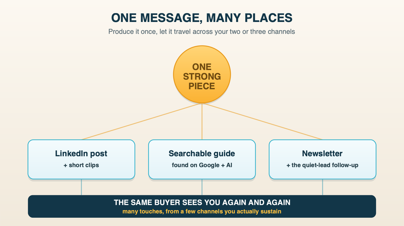 One strong piece of content repurposed across your two or three channels so the same buyer sees you again and again