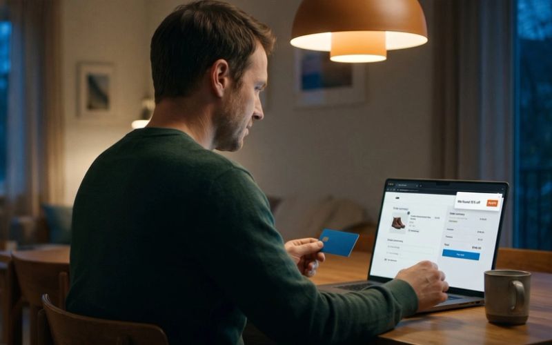 In a dining room at dusk, a man holding a credit card pauses at his laptop, where an online store checkout page shows a pop-up in the corner reading We found 15% off with an orange Apply button