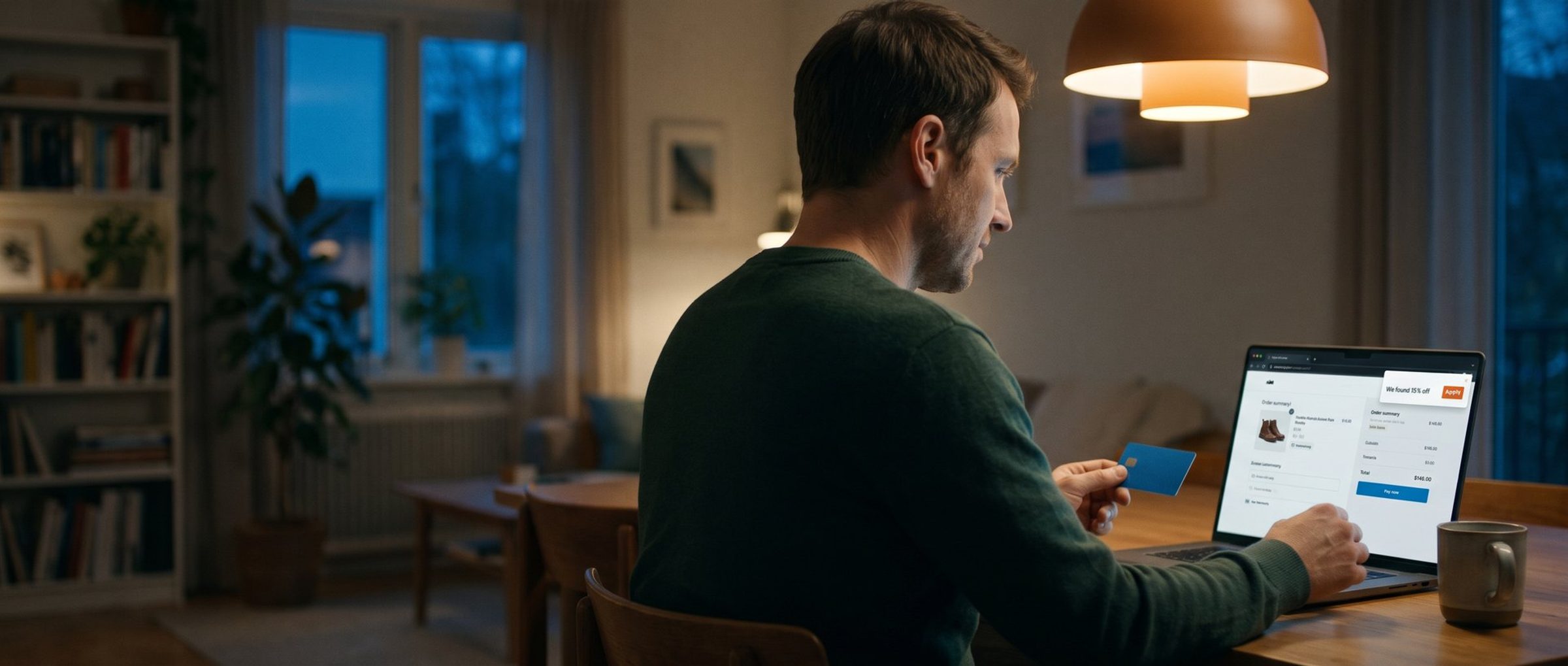 In a dining room at dusk, a man holding a credit card pauses at his laptop, where an online store checkout page shows a pop-up in the corner reading We found 15% off with an orange Apply button