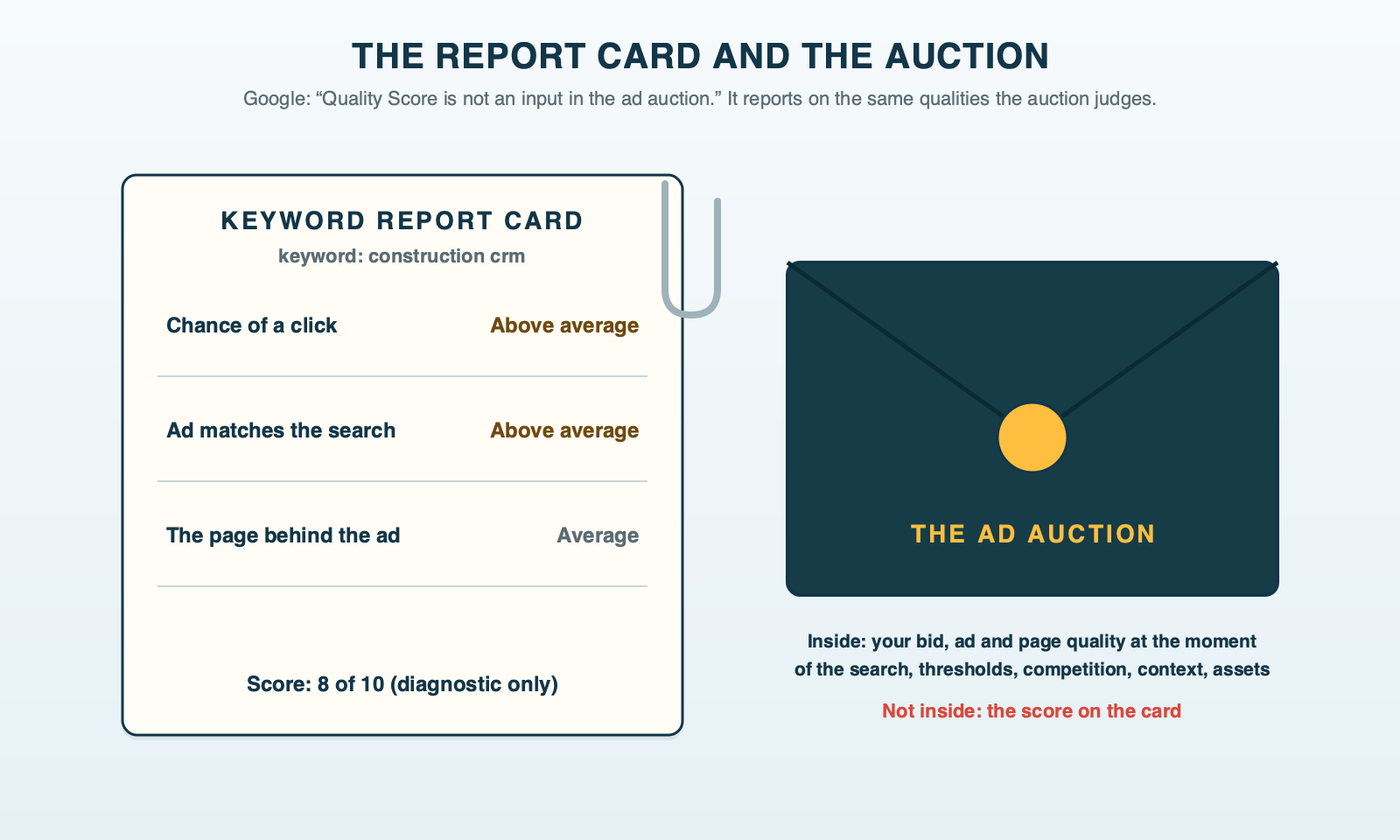 A school report card with three grades for expected click-through rate, ad relevance and landing page experience, clipped beside a sealed envelope labeled ad auction; a note explains that the report card describes the auction but is not inside the envelope