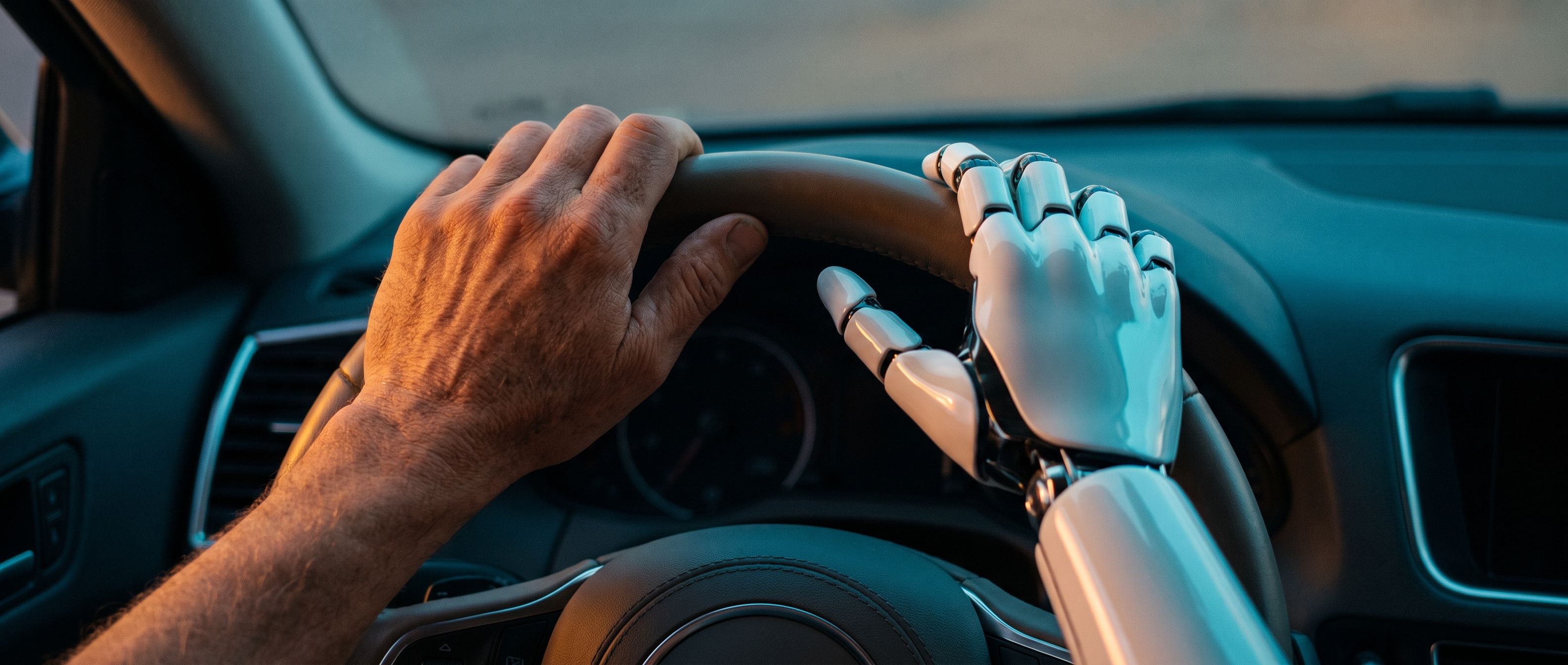 A human hand and a robotic hand both resting on the same steering wheel - let AI drive your Google Ads, but keep a human hand on the wheel.