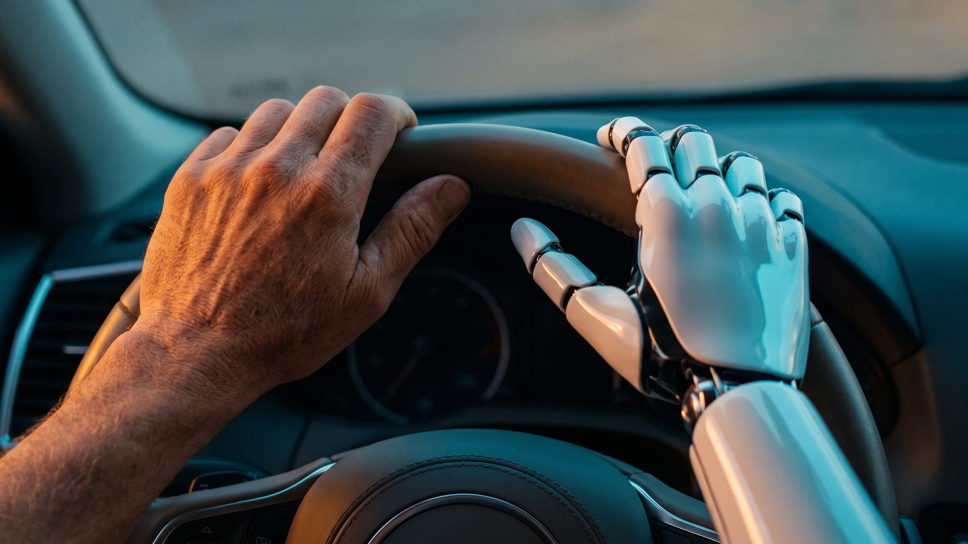 A human hand and a robotic hand both resting on the same steering wheel - let AI drive your Google Ads, but keep a human hand on the wheel.