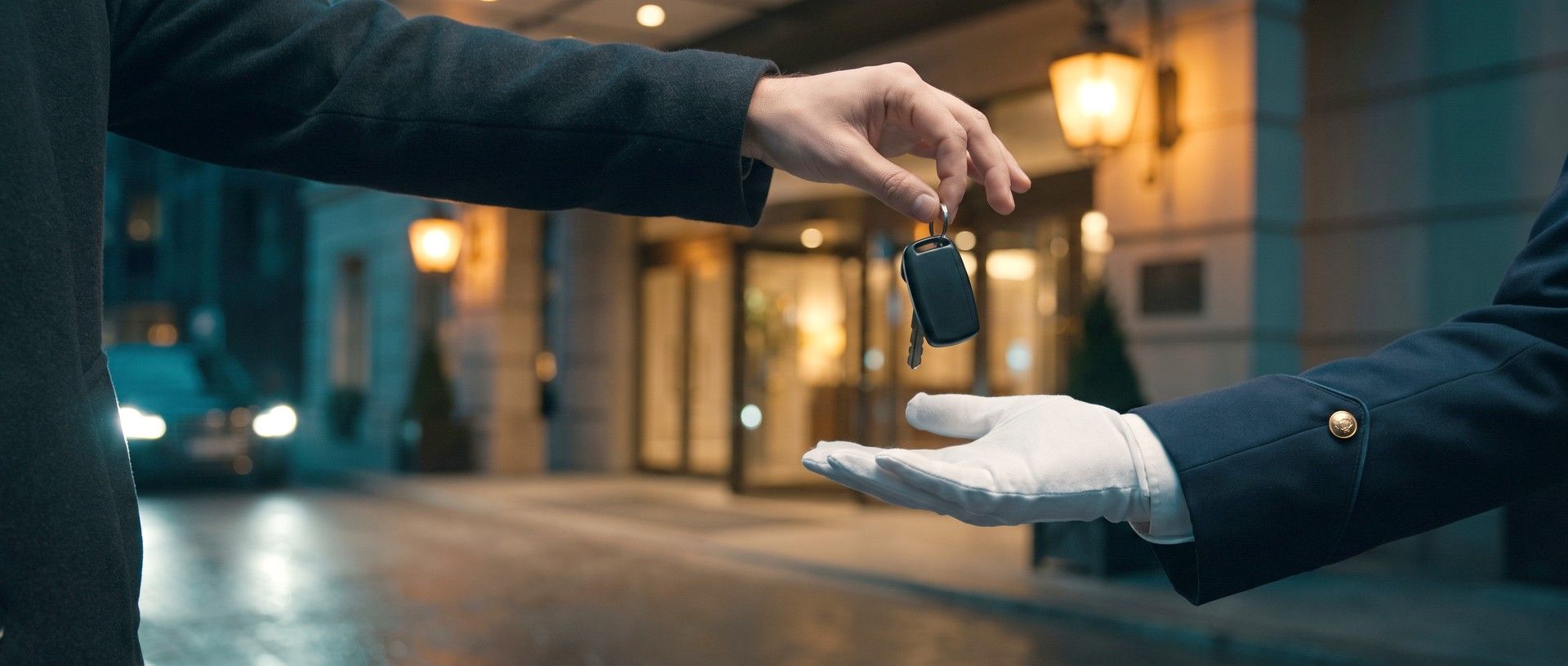 A hotel guest's hand dangling a car key fob over a valet's open white-gloved palm under a lantern-lit hotel entrance at night, the lobby doors glowing behind