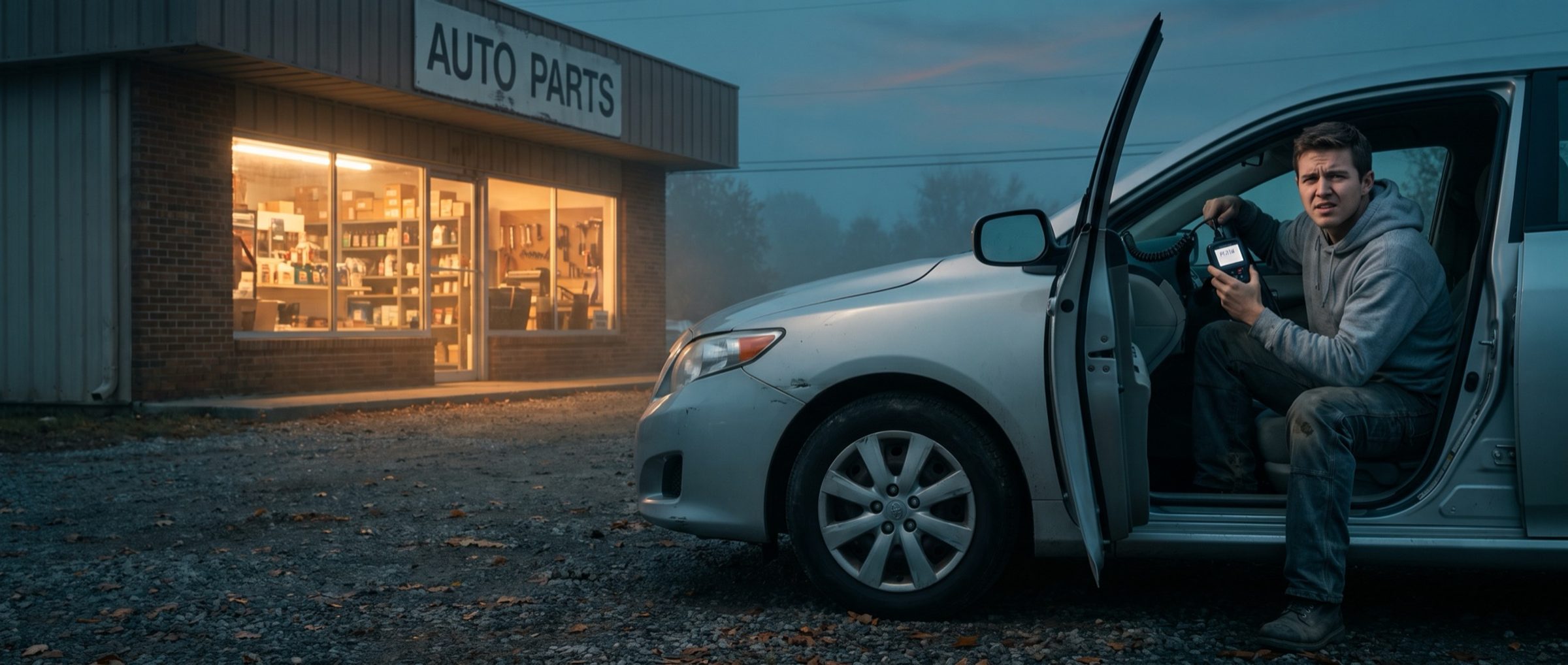 At dusk outside a small auto parts store, a young man in a gray hoodie sits in the open doorway of his silver sedan holding a handheld code reader plugged in under the dashboard, frowning at its screen