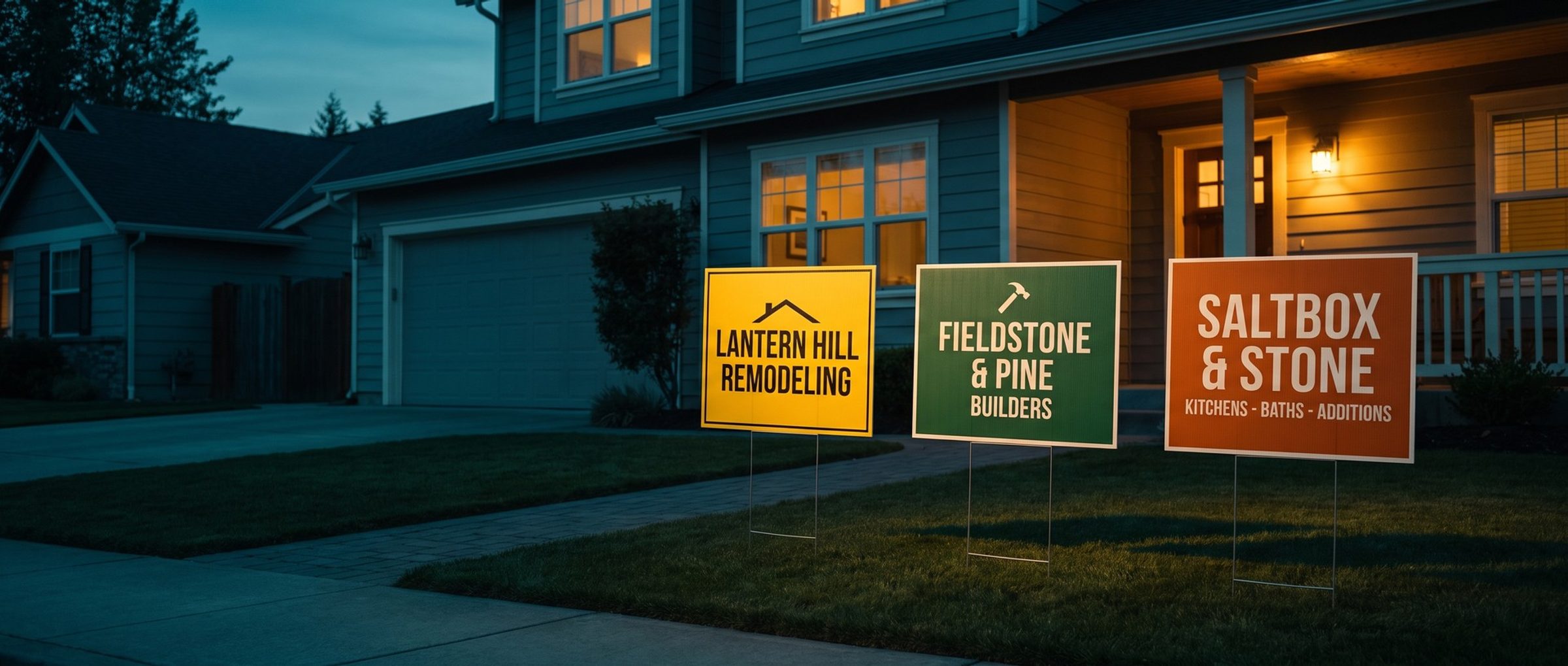 Three contractor yard signs from three different remodeling companies staked side by side in one front lawn at dusk, in front of a house with a lit porch