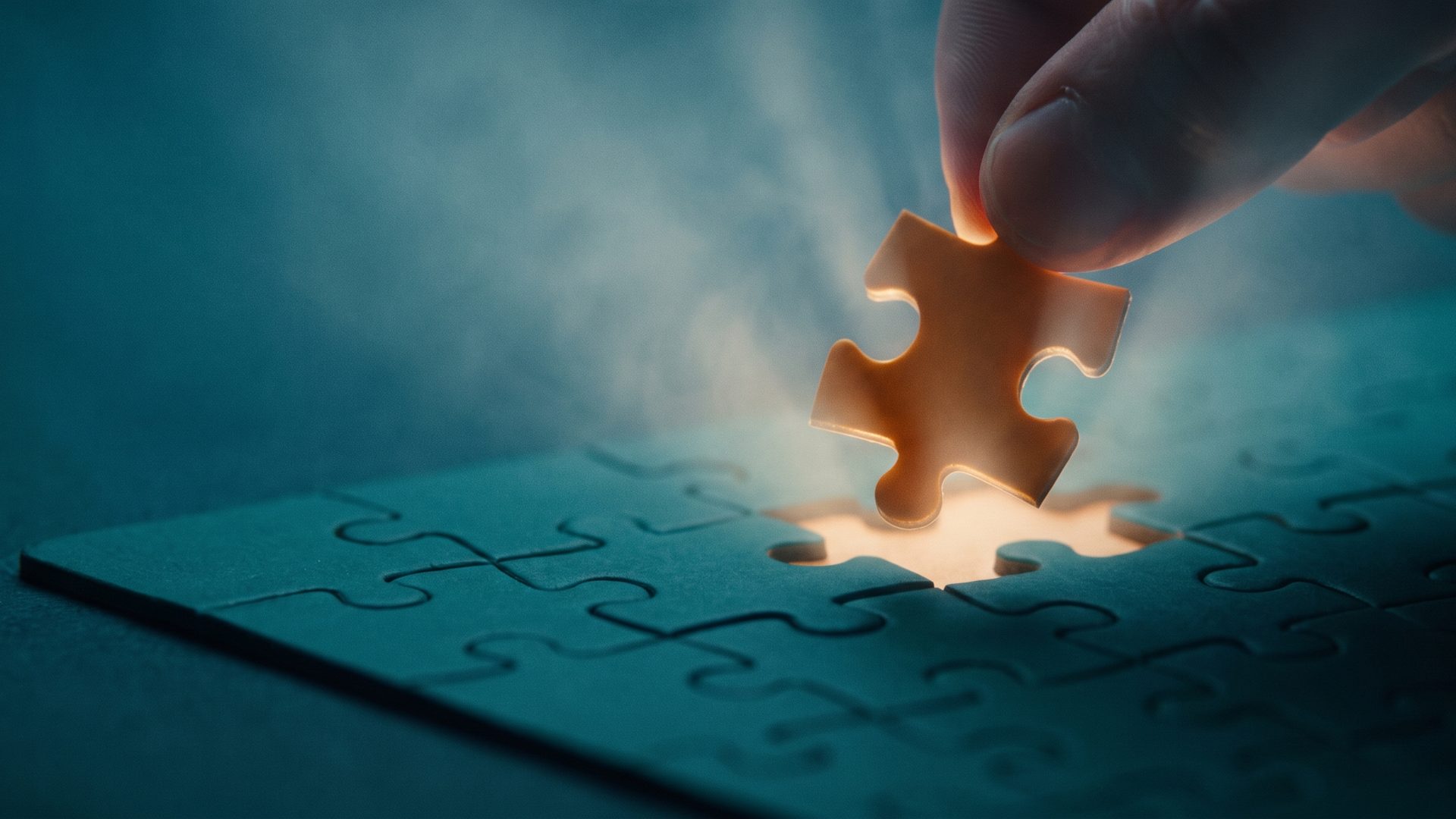 Fingertips lowering a single warm-amber puzzle piece into the last empty gap of a deep teal jigsaw, the moment a ready buyer confirms the thing actually fits.