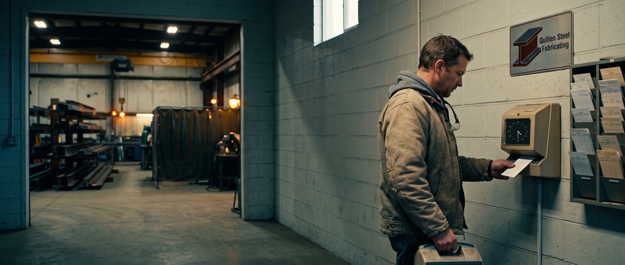 A welder at Quillen Steel Fabricating punches out at the time clock at 4:30 on a Friday, lunch cooler in hand, the shop floor going dark behind him
