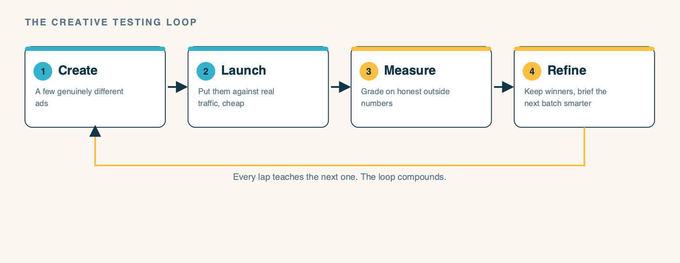 A four-step cycle diagram showing the creative testing loop: Create (make several genuinely different ads), Launch (put them against real traffic cheaply), Measure (grade them on honest outside numbers), Refine (keep winners, kill losers, brief the next batch smarter). An arrow loops from Refine back to Create, showing the cycle repeats and compounds.