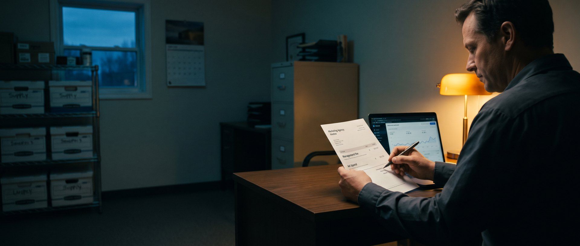 A small business owner in a back office after closing traces the management fee line on a marketing agency invoice with a pen, an ad account dashboard open on the laptop beside him