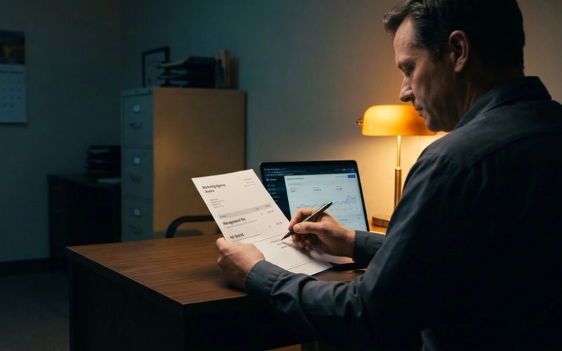 A small business owner in a back office after closing traces the management fee line on a marketing agency invoice with a pen, an ad account dashboard open on the laptop beside him