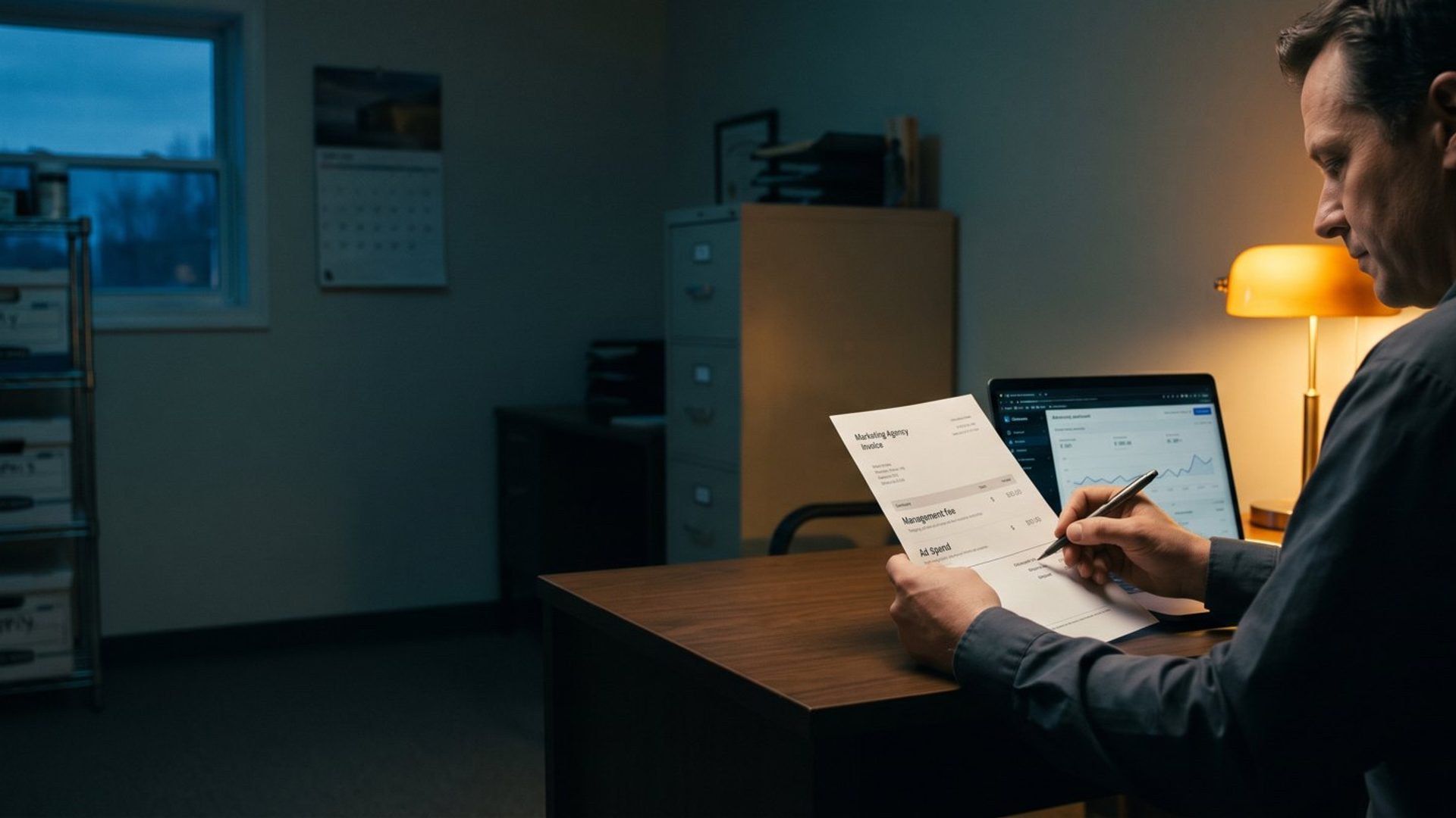 A small business owner in a back office after closing traces the management fee line on a marketing agency invoice with a pen, an ad account dashboard open on the laptop beside him