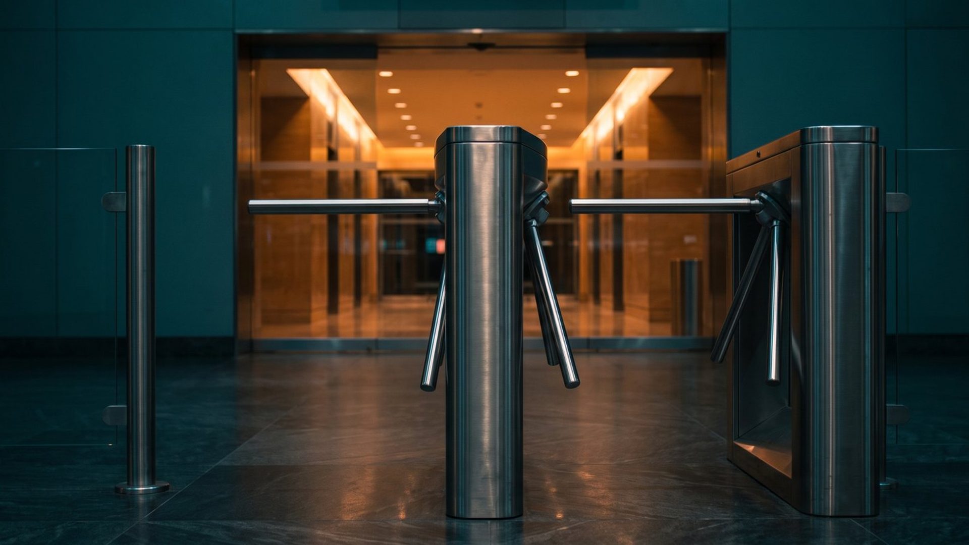 A locked steel turnstile in a dark concourse, with a warm amber lit hall beyond it that cannot be reached