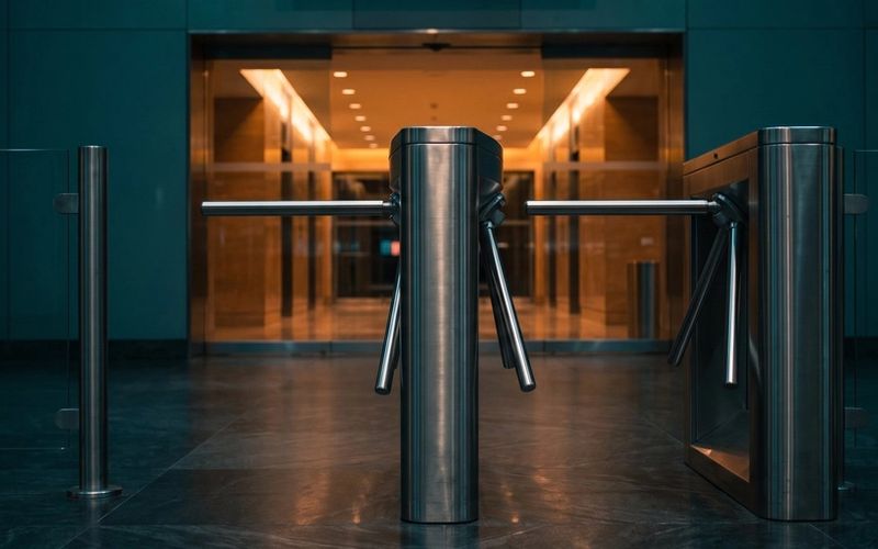 A locked steel turnstile in a dark concourse, with a warm amber lit hall beyond it that cannot be reached