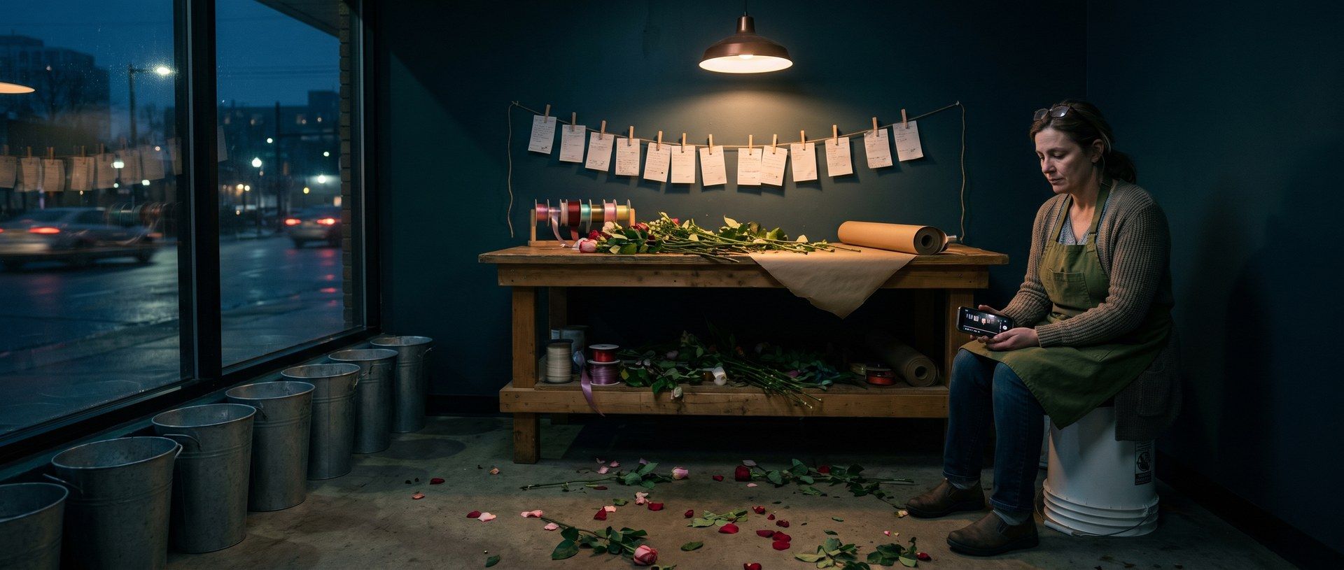 A florist sits on an upturned bucket in her shop after closing on Valentine's night, phone in hand, with empty flower buckets, petals on the floor and order slips clipped over the counter