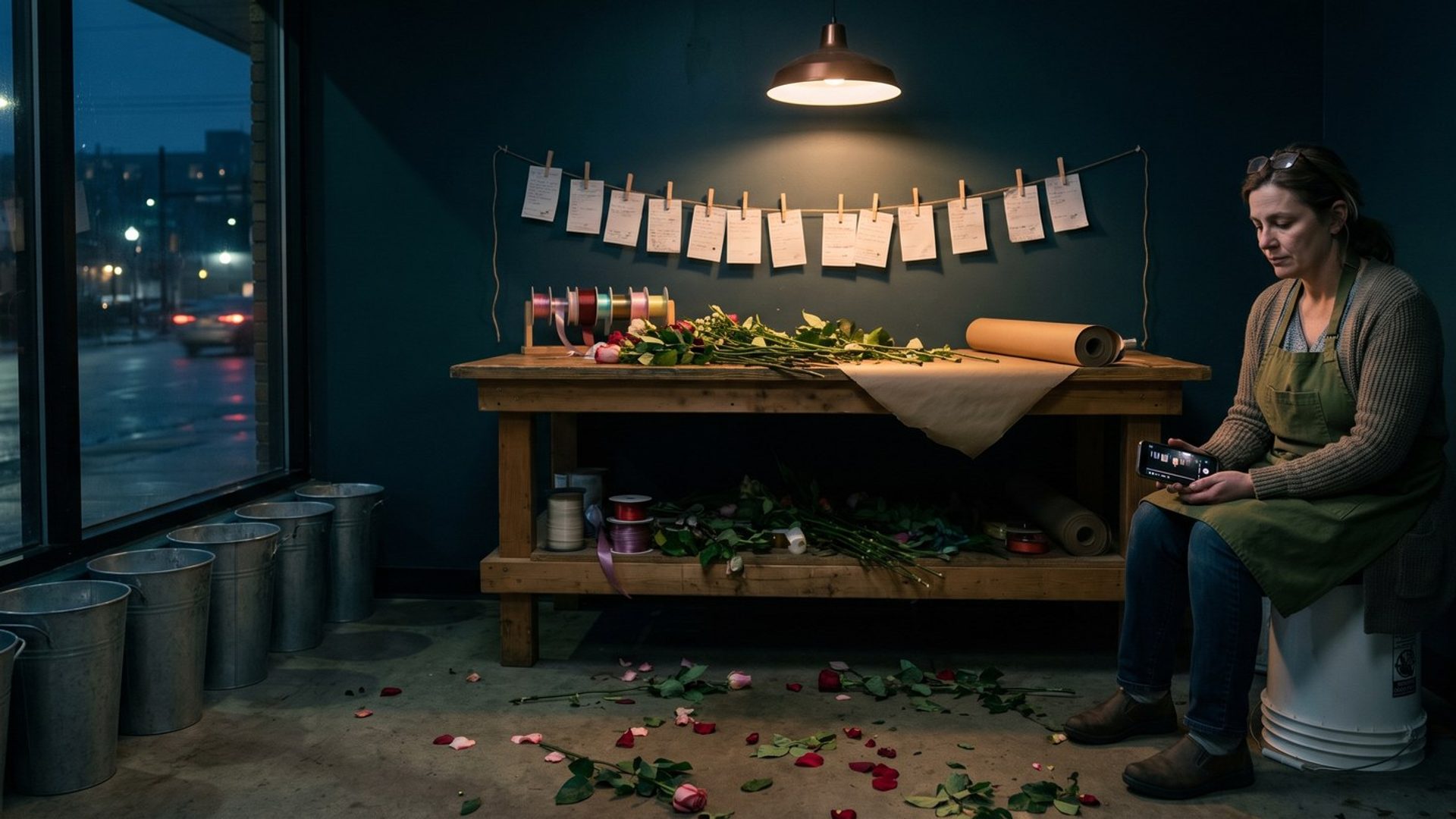 A florist sits on an upturned bucket in her shop after closing on Valentine's night, phone in hand, with empty flower buckets, petals on the floor and order slips clipped over the counter