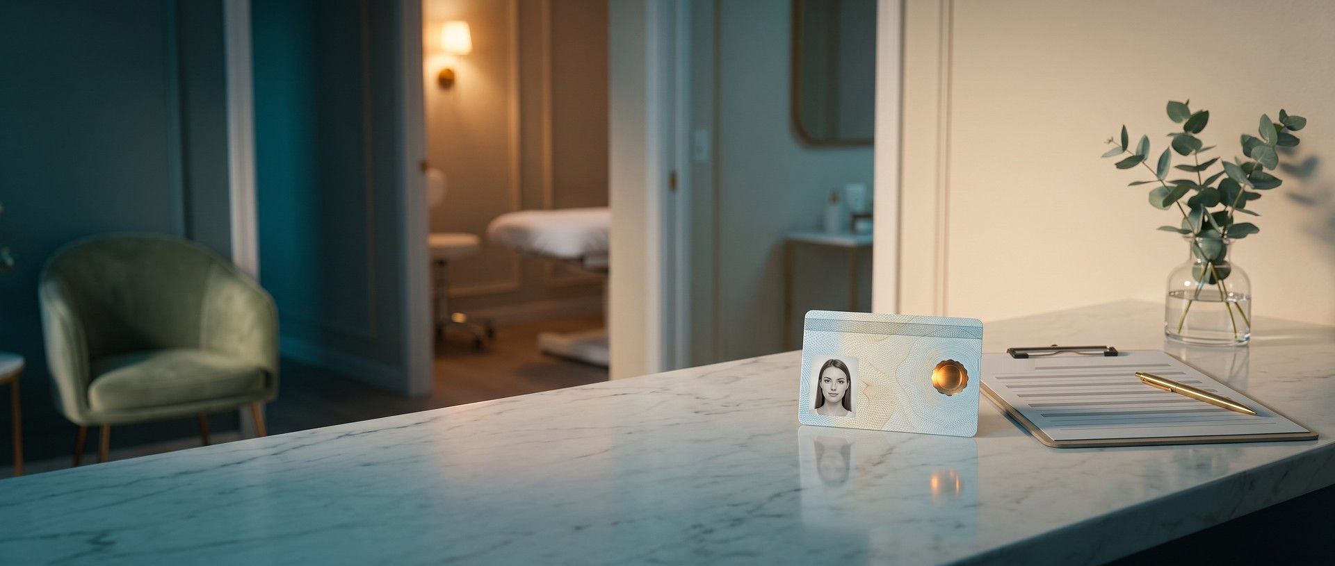 A driver's license with a portrait photo and gold seal propped on a marble med spa reception counter beside an intake clipboard and gold pen, a treatment room softly lit behind