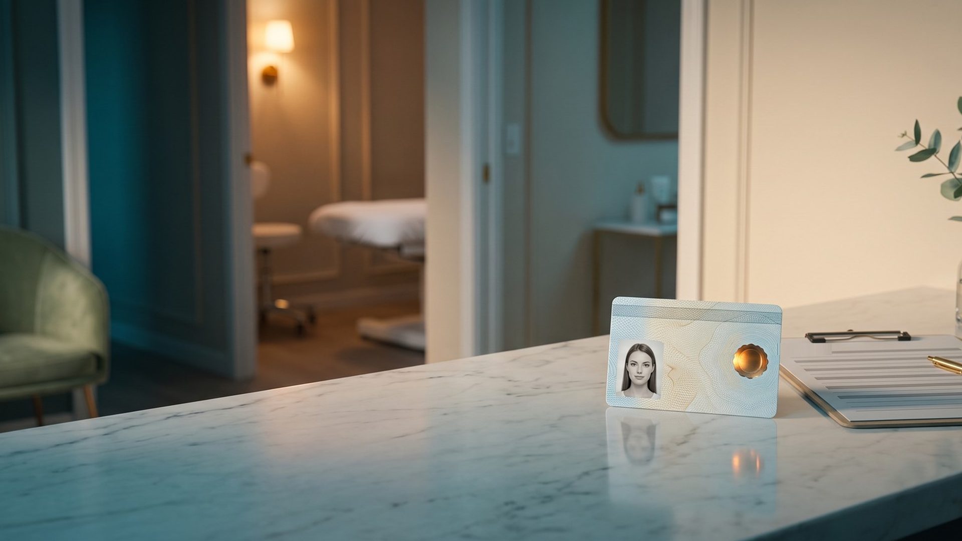 A driver's license with a portrait photo and gold seal propped on a marble med spa reception counter beside an intake clipboard and gold pen, a treatment room softly lit behind