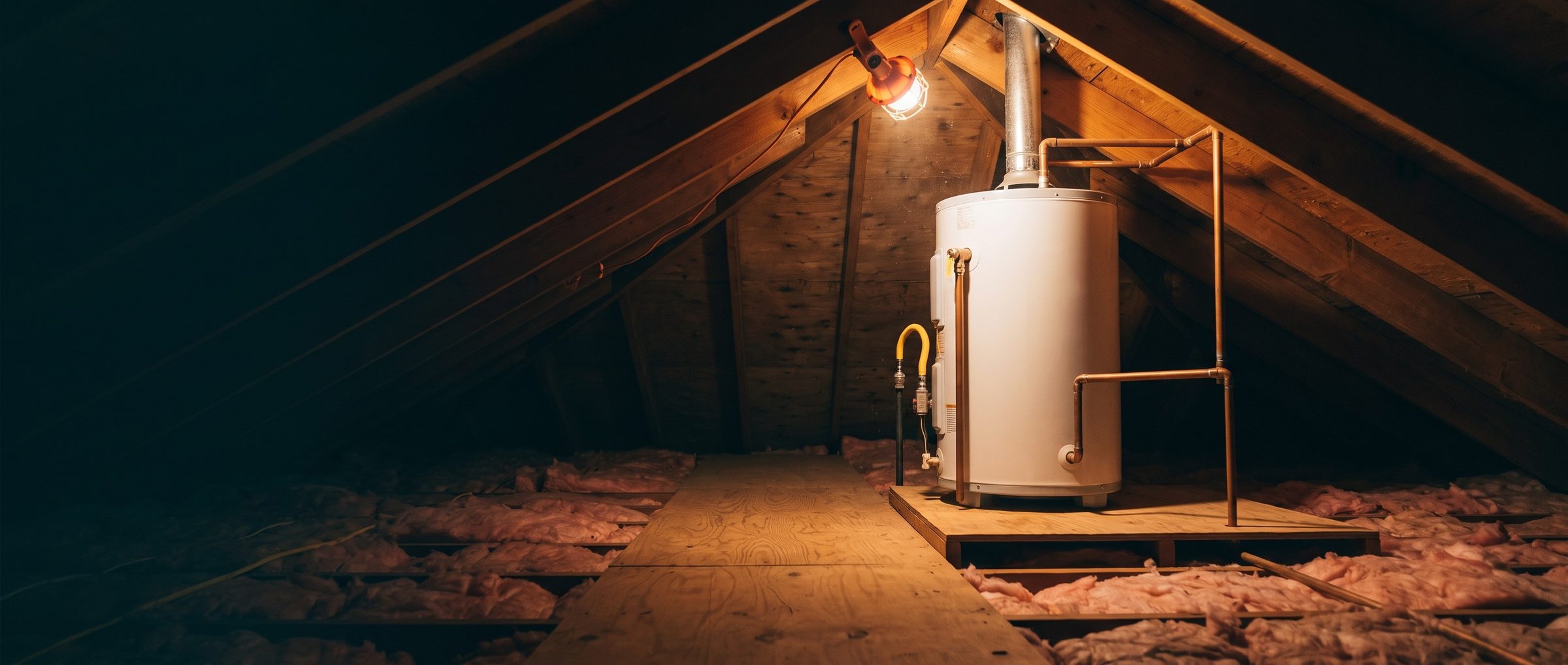 A white gas tank water heater on a plywood platform in a residential attic, lit by an orange clamp work light on a rafter, with a metal flue rising through the roof, copper lines, a yellow gas connector and pink insulation between the joists