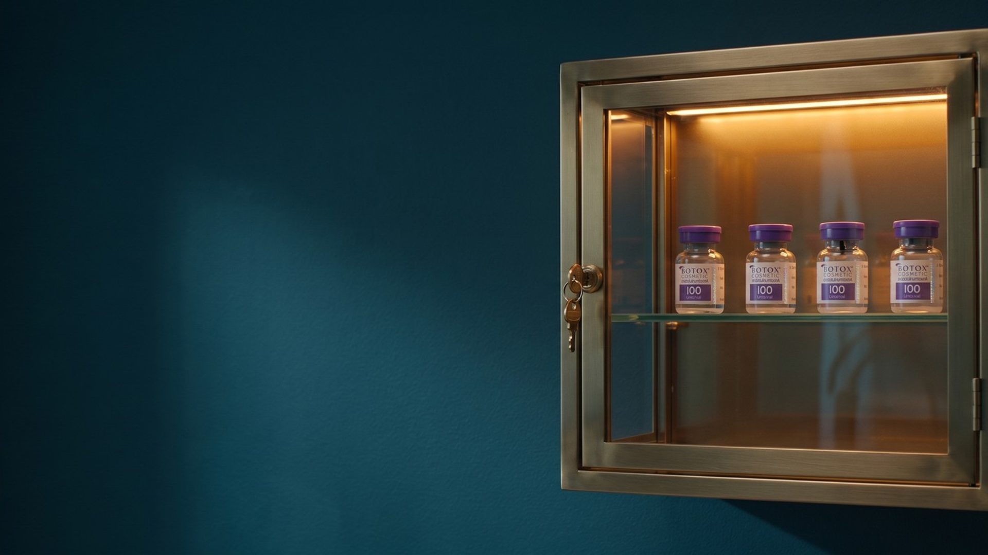 Four Botox Cosmetic vials lit warmly inside a brass-framed glass cabinet on a deep teal wall, a small brass key left in the lock