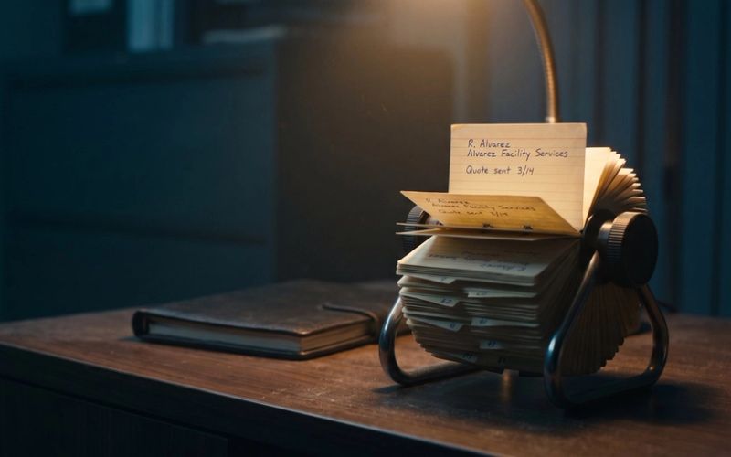 A dusty desk Rolodex in a dark office with one old contact card pulled up under a lamp, handwritten R. Alvarez, Alvarez Facility Services, Quote sent 3/14