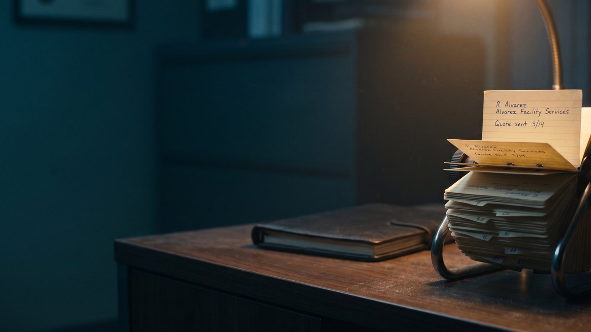 A dusty desk Rolodex in a dark office with one old contact card pulled up under a lamp, handwritten R. Alvarez, Alvarez Facility Services, Quote sent 3/14