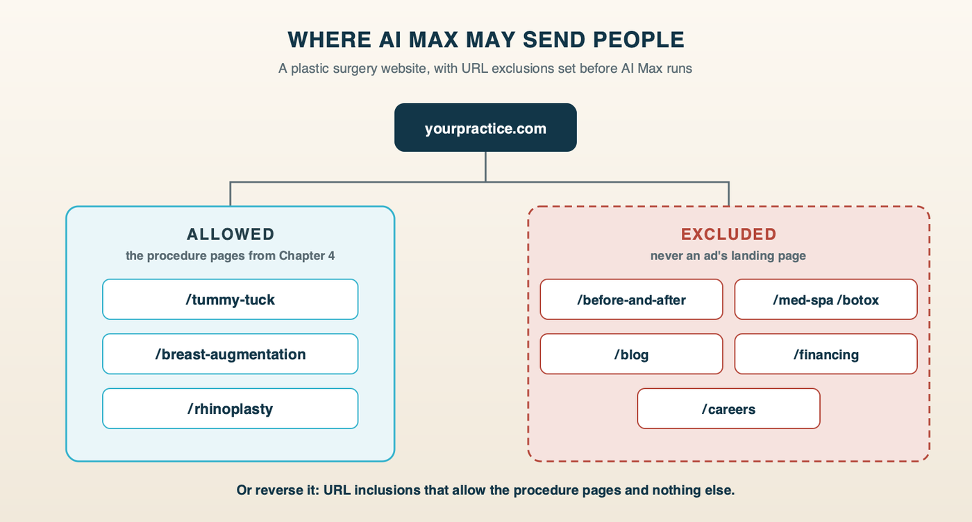 A plastic surgery practice website mapped for AI Max: procedure pages for tummy tuck, breast augmentation and rhinoplasty are allowed landing pages; the before-and-after gallery, med spa and Botox pages, the blog, financing and careers pages are excluded