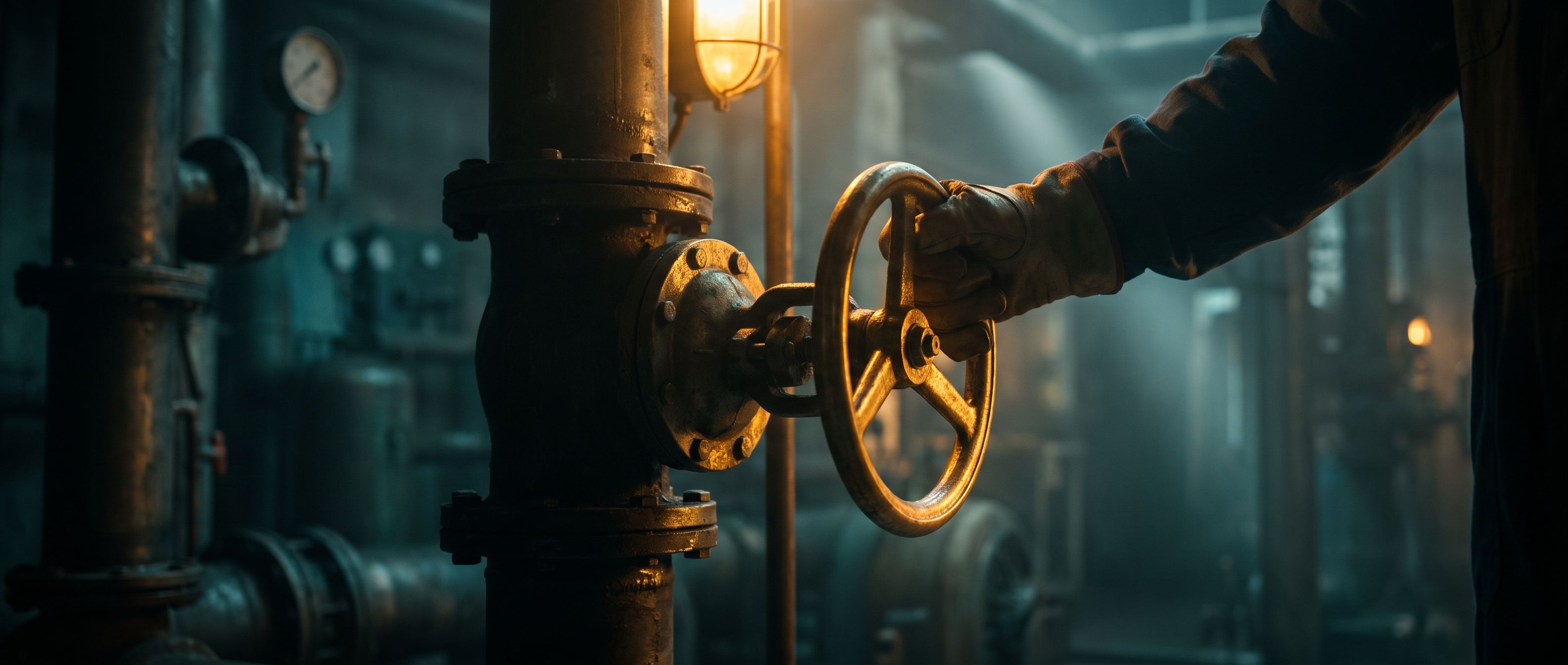 A large industrial brass valve wheel on a dark pipe, a hand turning it to a balanced middle position, warm amber light glinting on the metal while the room sinks into deep teal shadow - opened just enough, not a trickle, not a flood.
