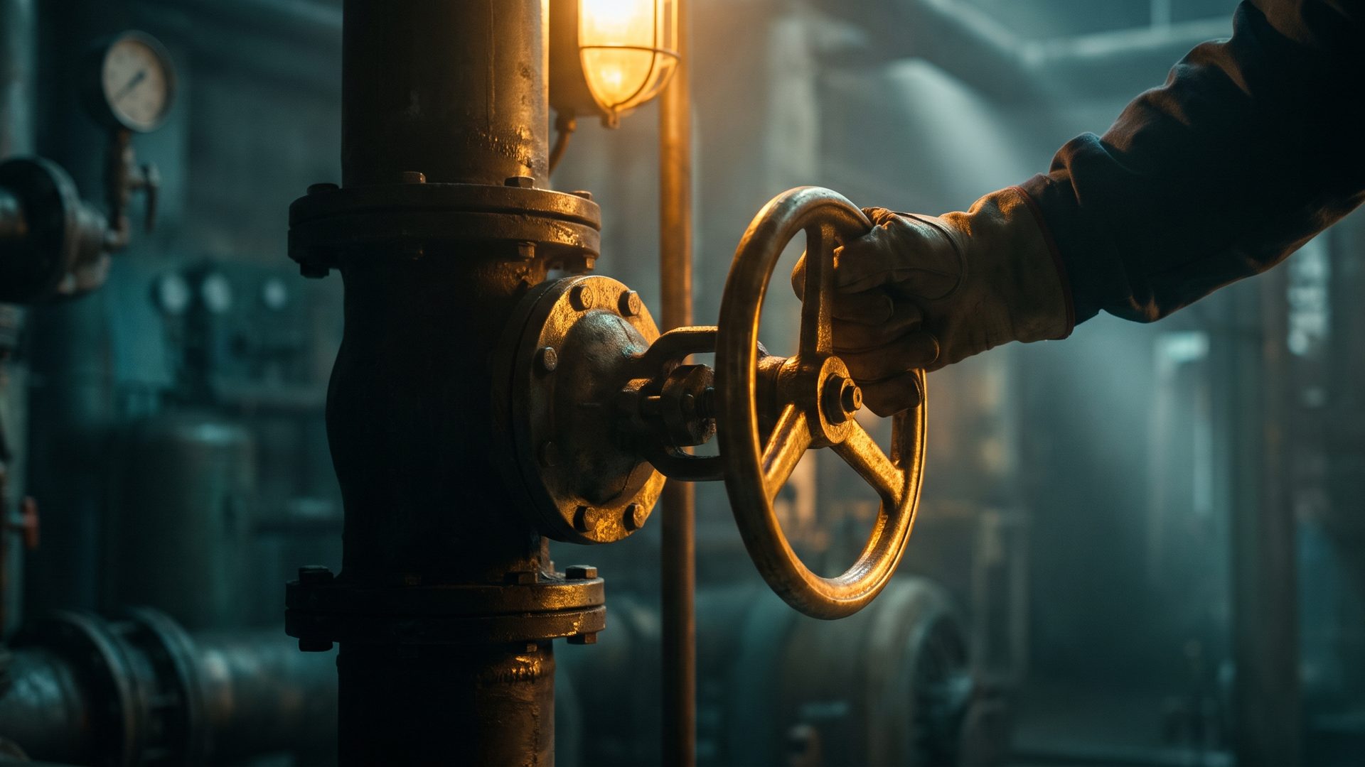 A large industrial brass valve wheel on a dark pipe, a hand turning it to a balanced middle position, warm amber light glinting on the metal while the room sinks into deep teal shadow - opened just enough, not a trickle, not a flood.