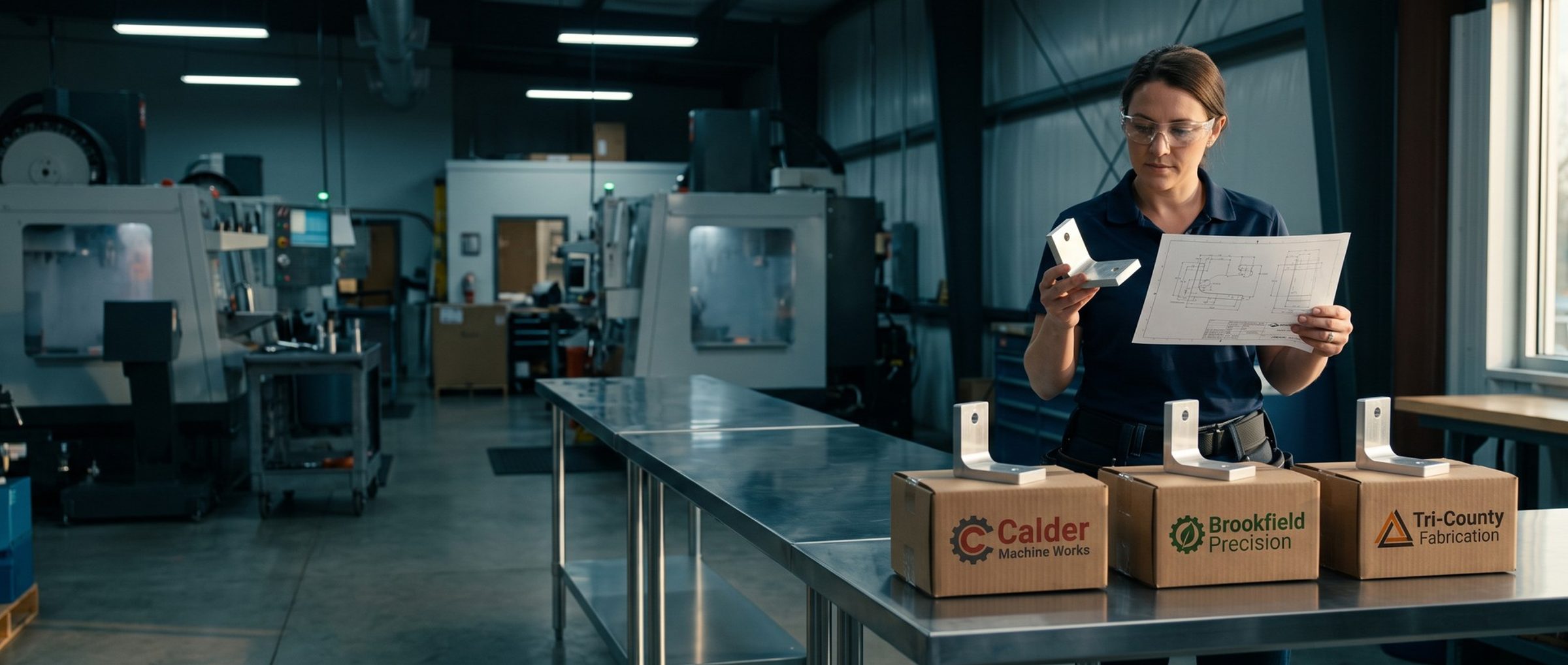 An engineer in safety glasses on a shop floor compares a sample machined bracket with a printed drawing beside three supplier boxes from Calder Machine Works, Brookfield Precision and Tri-County Fabrication