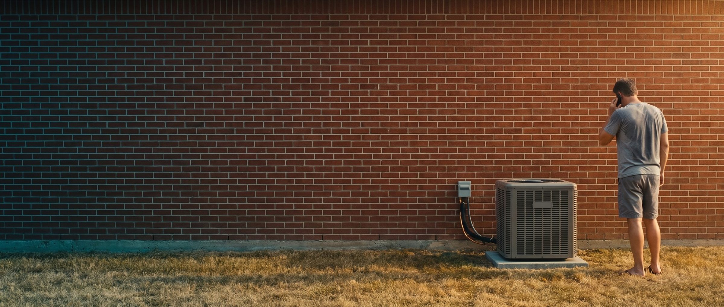 On a hot summer afternoon a homeowner seen from behind stands on a dry lawn with a phone to his ear, looking down at a small outdoor central air conditioner on its concrete pad against a long brick wall