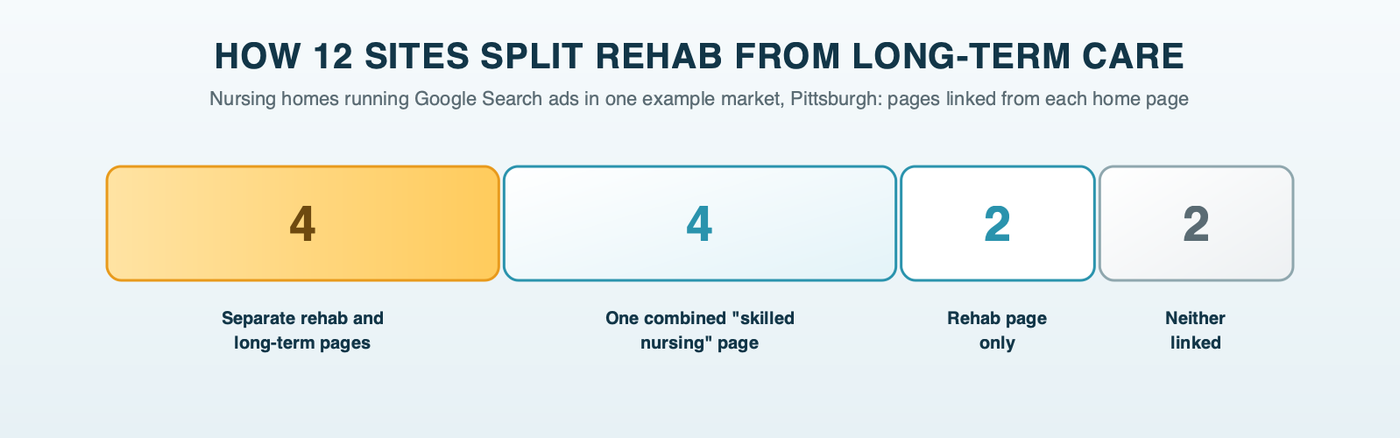 A segmented bar showing how 12 nursing home websites in the example market organize their pages: 4 have separate rehab and long-term care pages, 4 use one combined skilled nursing page, 2 link only a rehab page, and 2 link neither from the home page