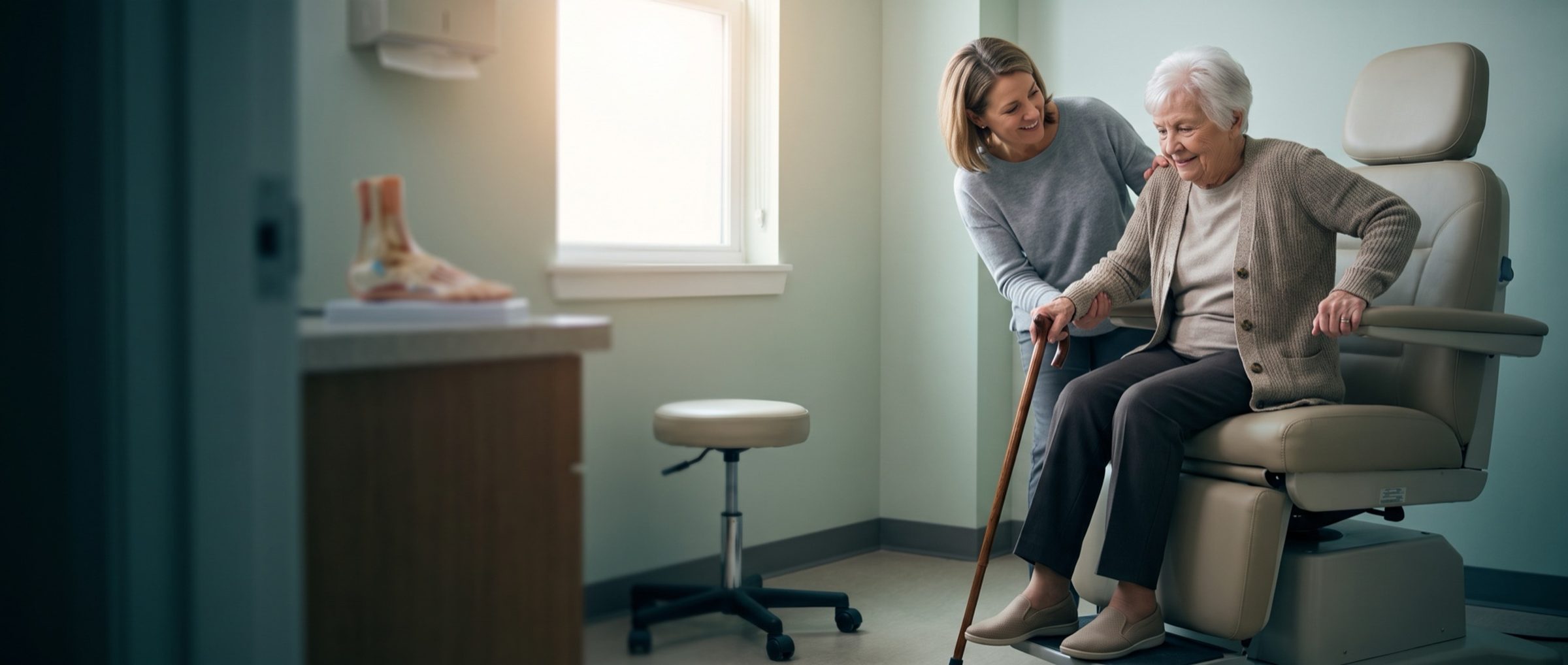 An adult daughter steadying her elderly mother, who holds a cane, as she settles into a podiatry exam chair
